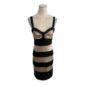 CACHE Black Tan Gold Striped Midi Mini Dress Cocktail Party Event Size 6 Wedding